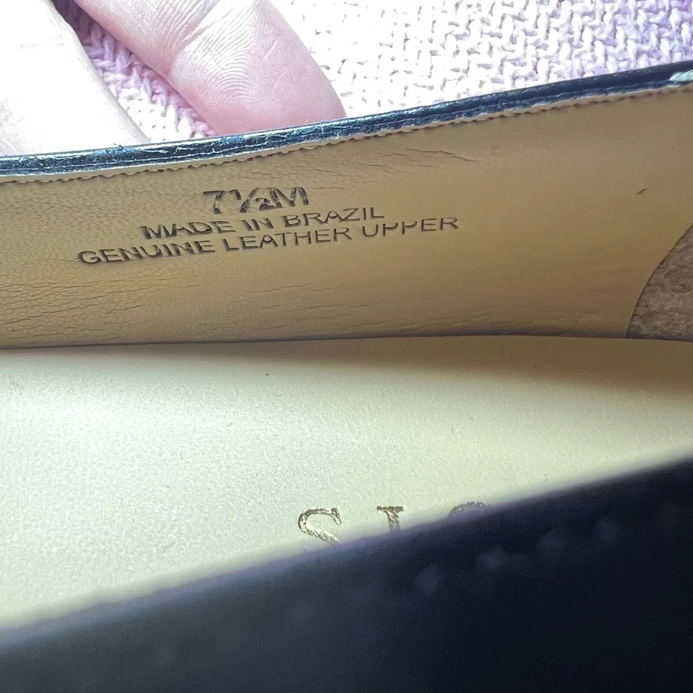 Talbots Black Leather Pointed Toe‎ Flats Gold Bamboo Buckle Suede Detail 7.5M